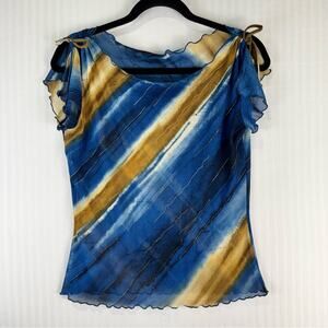 Have Blue & Gold Striped Ruched Mesh Blouse Flutter Sleeves Size Medium Fairy